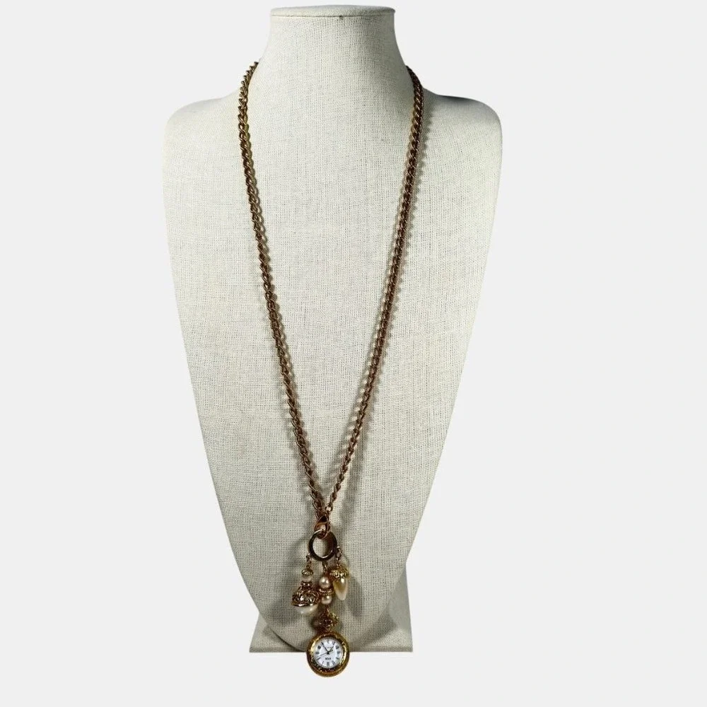 Vintage 1928 Watch Necklace Faux Pearl Dangle Drop 32